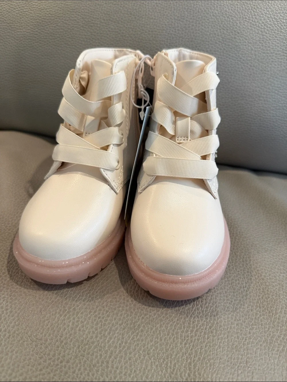 Kids Cream Ankle Boots with Pink Sole